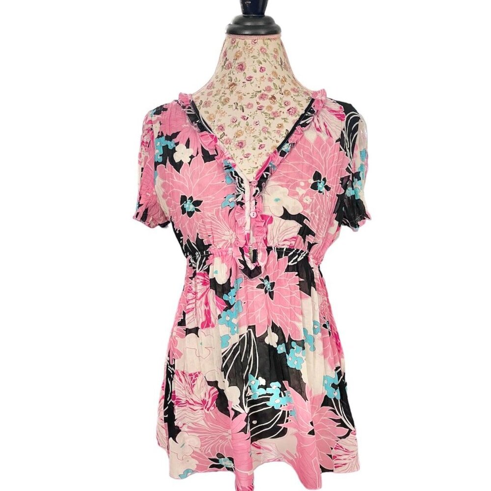 Adorable Y2K pink blue black white floral babydoll top blouse New Directions